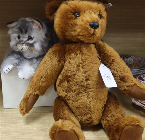 A Maine Coon Cat, no certificate, a white label Steiff bear and a John Wright Mrs Tiggywinkle